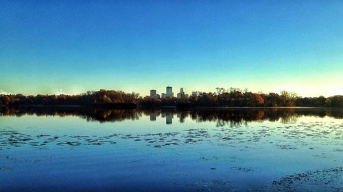 Calm lake against clear sky