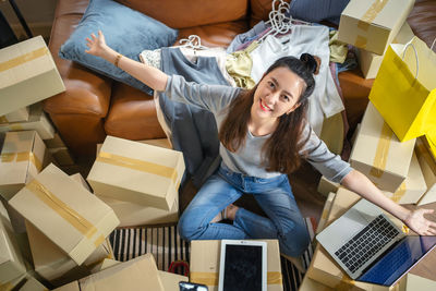 High angle view of girl using phone