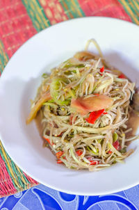 High angle view of noodles served in plate