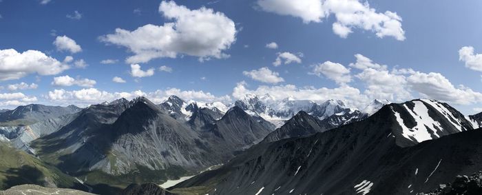 Panoramic view of snowcapped mountains against sky
