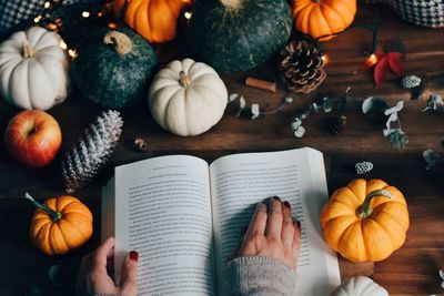 High angle view of pumpkins and book