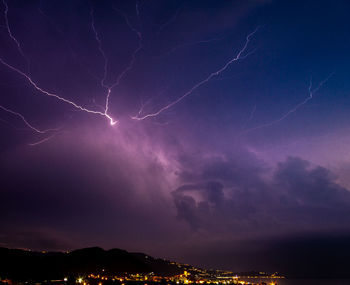 Low angle view of lightning against sky at night