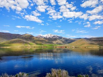 Scenic view of lake and mountains against sky