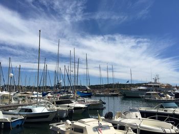 Boats moored at harbor