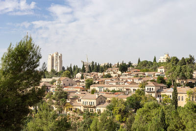 High angle view of buildings in town