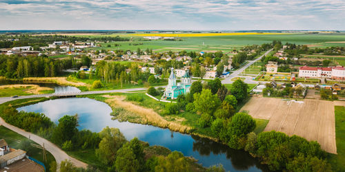 High angle view of townscape against sky