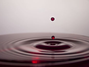 Close-up of drop falling on water against white background