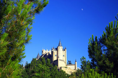 Trees and buildings against blue sky