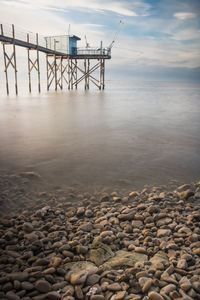 Fishing hut on stilts in charente maritime near la rochelle along the atlantic ocean