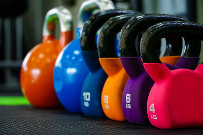 Close-up of multi colored balls on table