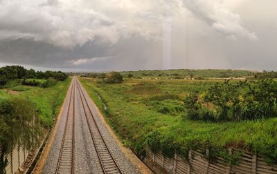 Railroad track amidst trees against sky