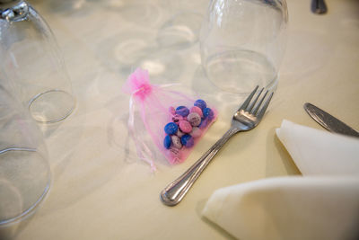 High angle view of glasses on table