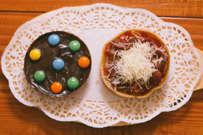 High angle view of dessert in plate on table