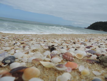 Pebbles on beach against sky