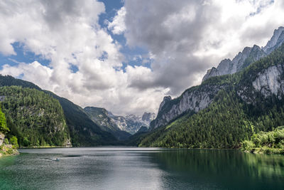 Scenic view of lake and mountains against sky