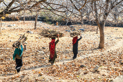 Women carrying wood on head while walking at field
