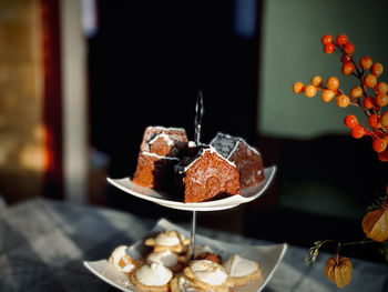 Close-up of dessert in plate on table
