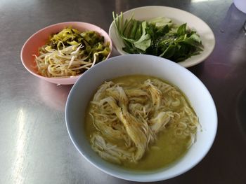 High angle view of meal served on table
