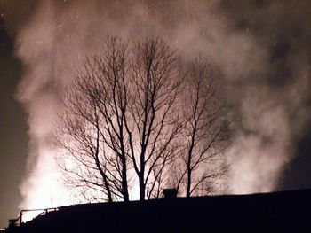 Low angle view of silhouette bare tree and building against sky