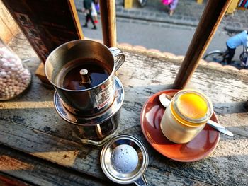 High angle view of coffee on table