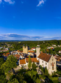 High angle view of townscape against blue sky