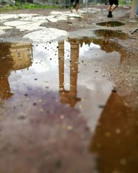 Reflection of buildings in puddle