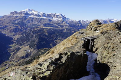 Scenic view of snowcapped mountains against clear sky