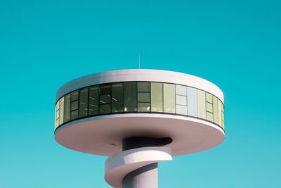 High section of modern building against clear blue sky