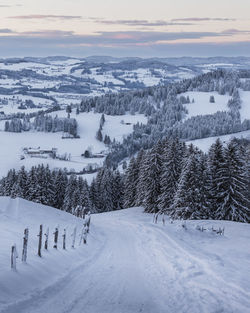 Snowy hiking trail down the mountain. view of the wintry landscape. the sun has already set.