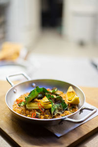 Close-up of meal served on table