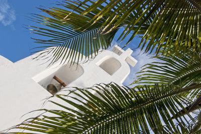 Church of the palm fragment and the wall, with bell and white cross, in the background the blue sky.