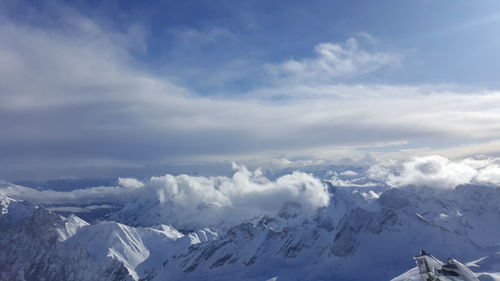 Scenic view of snow covered mountains against sky