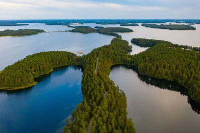 Aerial view of islands, lake and forest in punkaharju, finland