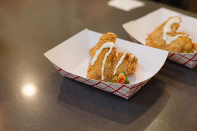 High angle view of food in plate on table