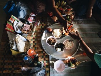 High angle view of people having food