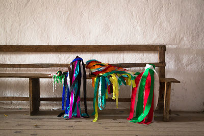 Close-up of clothes drying against wall