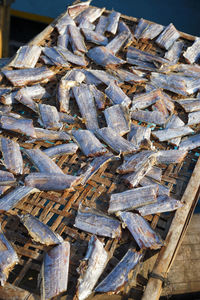 High angle view of fish on wood