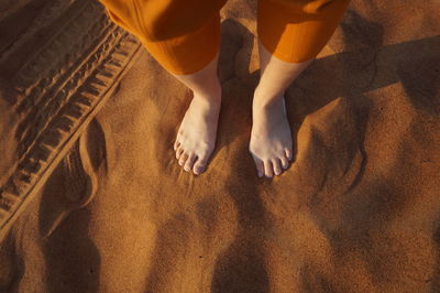 Low section of woman standing on sand