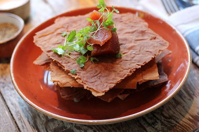 High angle view of food in plate