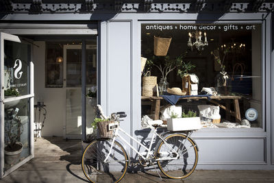 Bike with basket plants and decoration in front of the store. vintage look