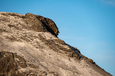 Low angle view of rocks against clear blue sky