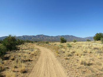 Dirt road amidst landscape against clear blue sky