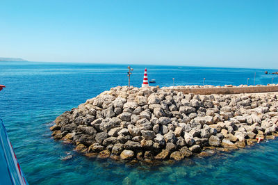 Scenic view of sea against clear blue sky