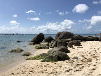 Rocks on beach against sky