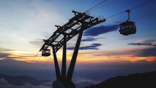 Low angle view of overhead cable car against sky during sunset