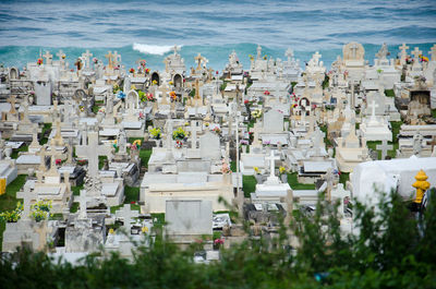 High angle view of cemetery near shore