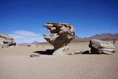 Scenic view of rocks against clear blue sky