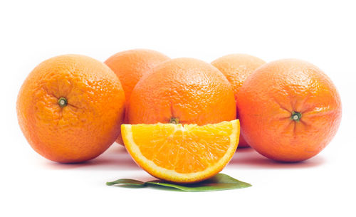 Close-up of orange fruits against white background