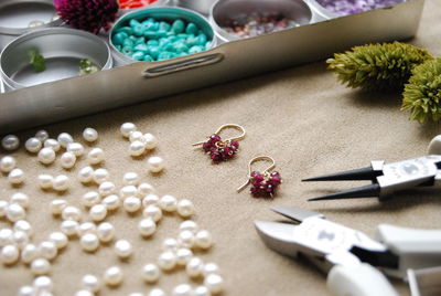 High angle view of jewelry on table