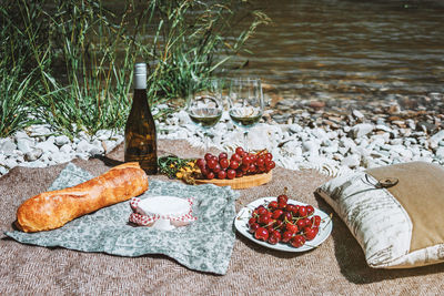 Romantic rustic picnic on the coast with two white wine glasses, bottle, baguette, cheese, open book